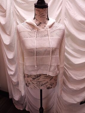 Nasty Gal White Cropped Open-Knit Hoodie Sweater